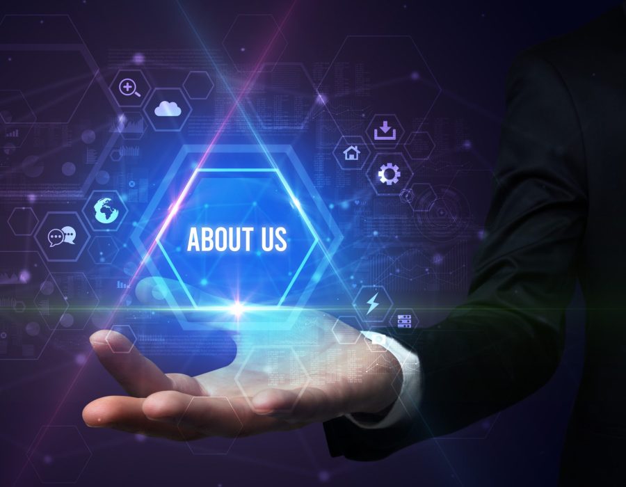 Man hand holding social inscription Man hand holding ABOUT US inscription, social media concept